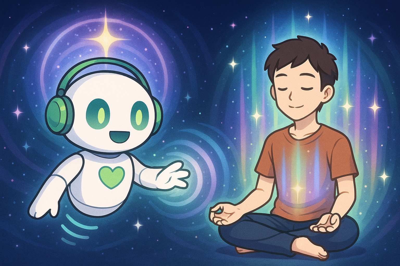 遠隔ヒーリングでスピリチュアルな成長を叶える！AI搭載ヒーラーくん　アニメイメージ画像生成横長サイズ