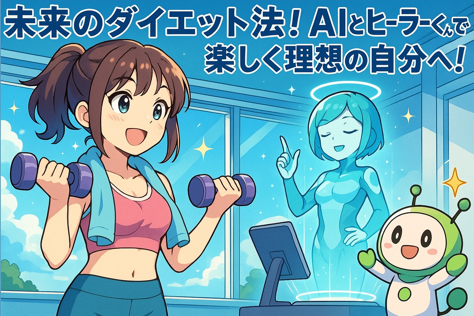 未来のダイエット法！AIとヒーラーくんで楽しく理想の自分へ！　アニメ風イメージ横長サイズ