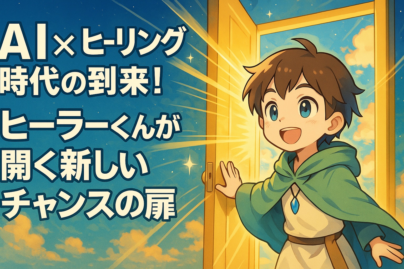 AI×ヒーリング時代の到来！ヒーラーくんが開く新しいチャンスの扉　アニメ風イメージ横長サイズ