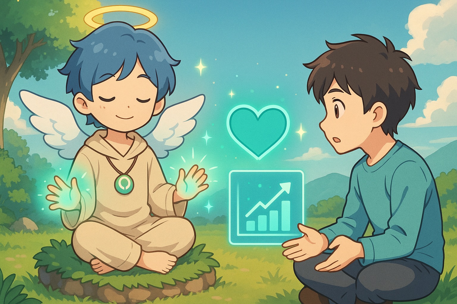 AI×ヒーリングで未来を整える｜ヒーラーくんが教えた“癒しの法則”　アニメ風イメージ横長サイズ　文字無し