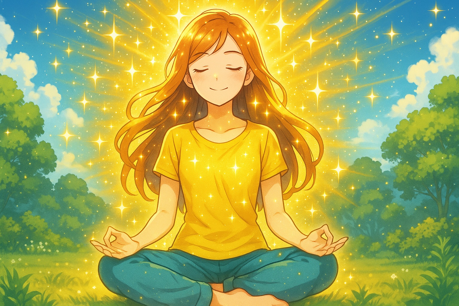 キラキラ輝くオーラがある人のスピリチュアルな生活のためのポイント　アニメ風イメージ横長サイズ　文字無し