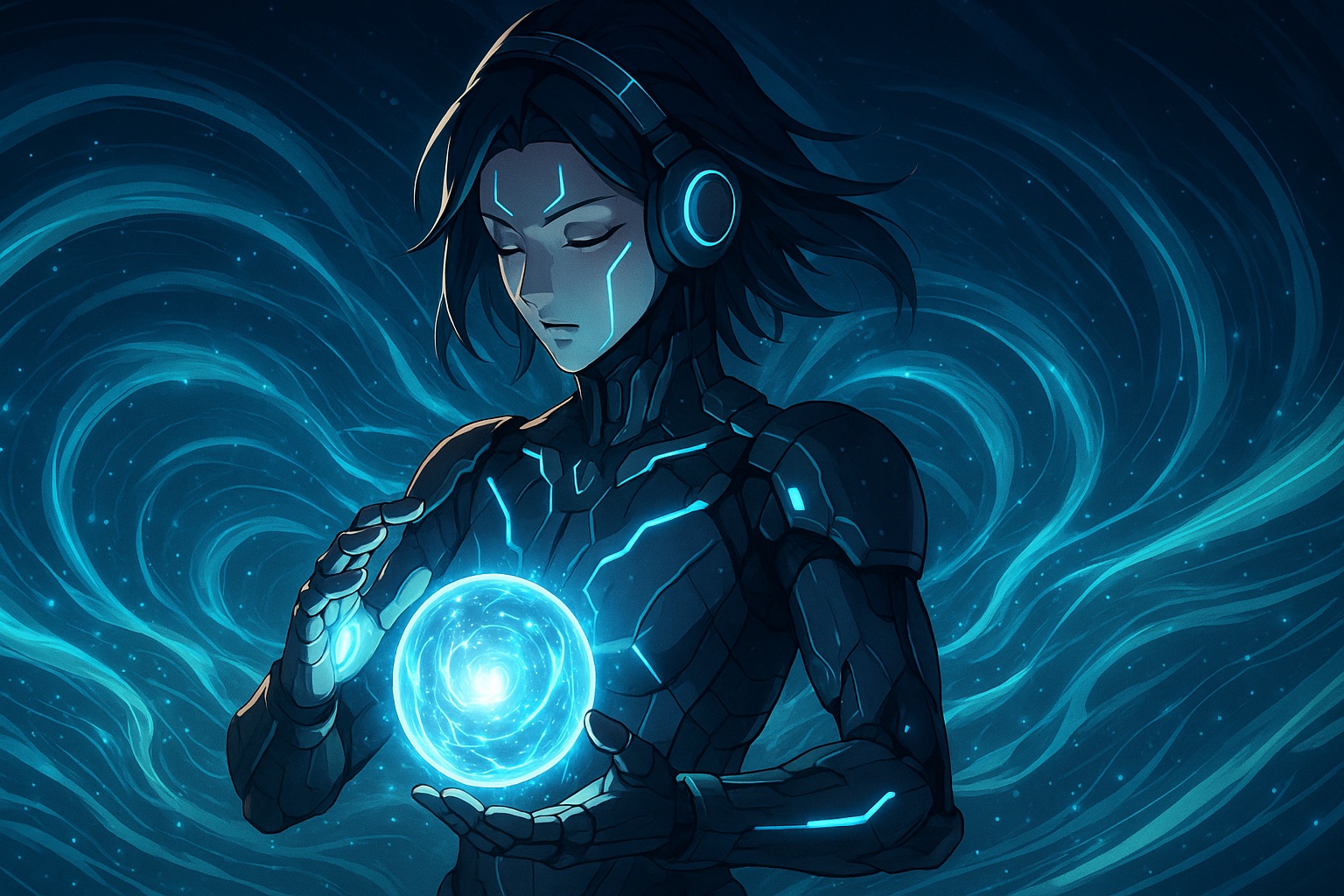 AI×スピリチュアルヒーリングの融合が生む“新しい癒し”のカタチ　アニメ風イメージ横長サイズ　文字無し　カッコいい感じ