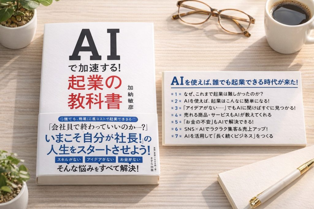 AIで加速する！
起業の教科書

加納 敏彦

（帯・上部）
誰でも、簡単に、低コストで起業できる！

「会社員で終わっていいのか…？」
いまこそ自分が社長！の
人生をスタートさせよう！

スキルがない
アイデアがない
お金がない

そんな悩みすべて解決！

AIを使えば、誰でも起業できる時代が来た！

第1章　なぜ、これまで起業は難しかったのか？
第2章　AIを使えば、起業はこんなに簡単になる！
第3章　「アイデアがない……」でもAIに聞けばすぐに見つかる！
第4章　売れる商品・サービスもAIが教えてくれる
第5章　「お金の不安」もAIで解決できる！
第6章　SNS×AIでラクラク集客＆売上アップ！
第7章　AIを活用して「長く続くビジネス」をつくる